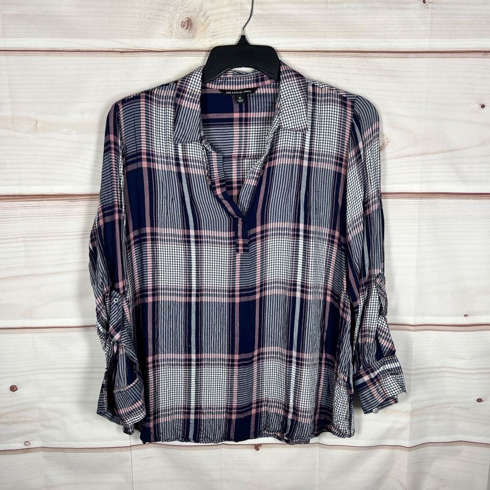 Zac & Rachel Top Womens 1X Blue Check Blouse Tab Sleeve Woven‎ Collar Pullover